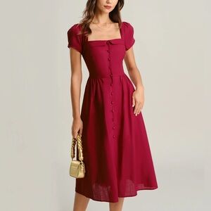 Rihoas Wine Red Square Neck A-Line Midi Dress